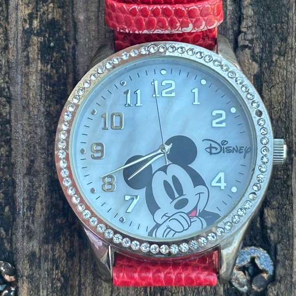 Disney Accutime Watch Corp Mickey Mouse Wristwatch with Red Leather Strap Z5 - Picture 1 of 6